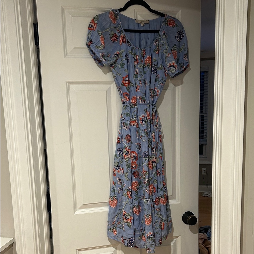 Light Blue Floral Midi Dress with Puff Sleeves